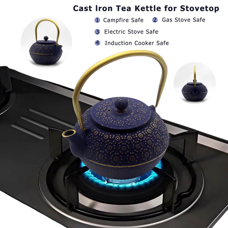 YJX 33.8oz Small Cast Iron Tea Kettle for Stovetop, Japanese Tetsubin Tea Pot Coated with Enameled Interior, Durable Cast Iron Teapot with Stainless Steel Infuser for Loose Tea and Tea Bags(1000ml) - Image 2
